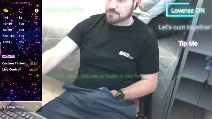 cypheros2025 — Welcome! #french #daddy #cumshow #hush in ass #lovense for vibration All tips and motivation are welcome